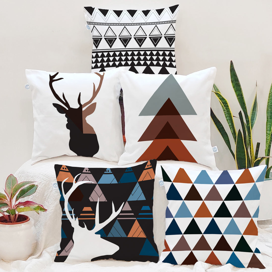 Geometrical Multi color Printed Canvas Cotton Rectangular Cushion Covers, Set of 5