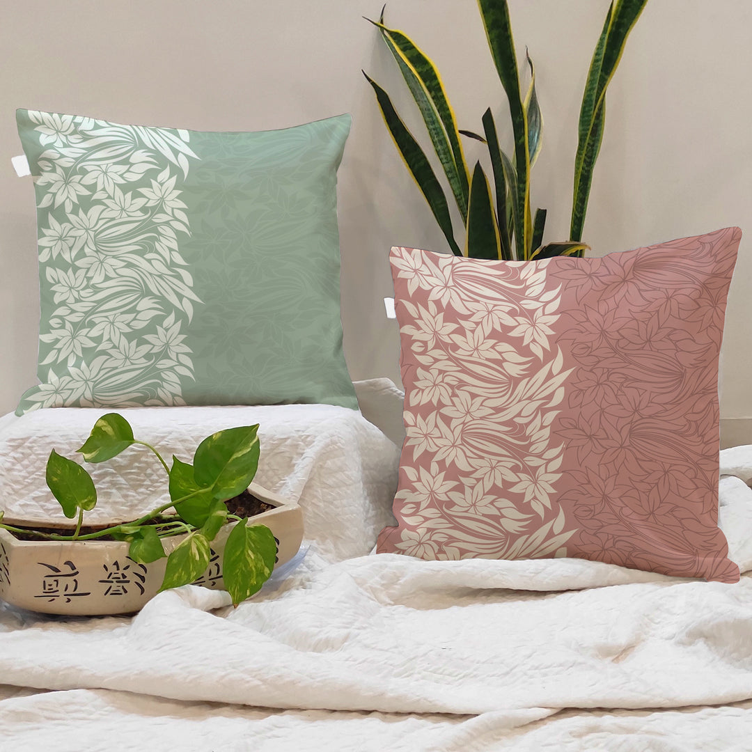 Peach & Green Floral Printed Canvas Cotton Rectangular Cushion Covers, Set of 2