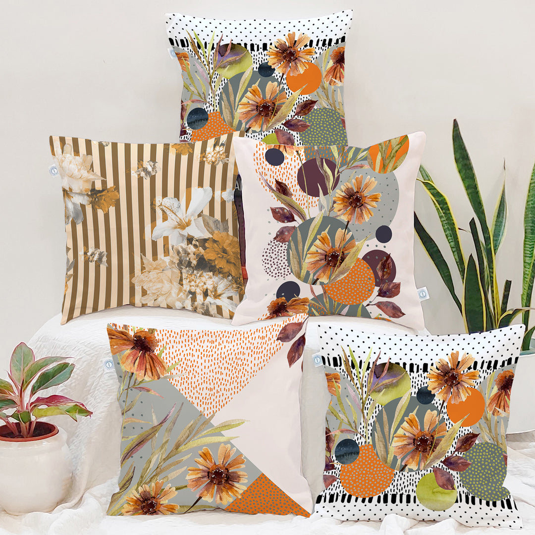 Multi-Color Tulip Printed Canvas Cotton Cushion Covers, Set of 5