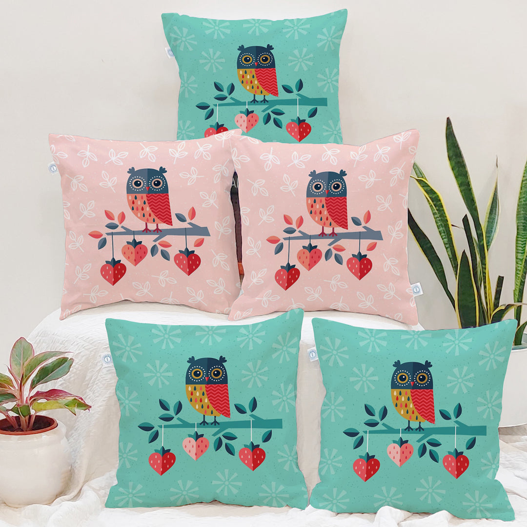 Owl Printed Cotton Canvas Cushion Cover, Pack of 5